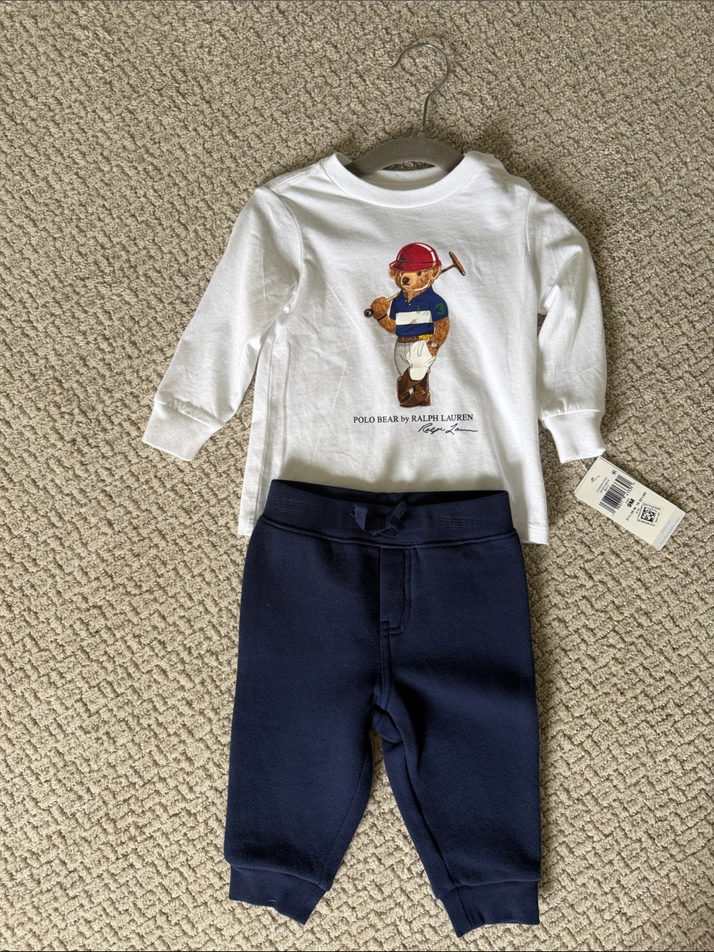Baby NWT Ralph Lauren White Polo Bear Tee & Navy Jogger Set. Size 9M